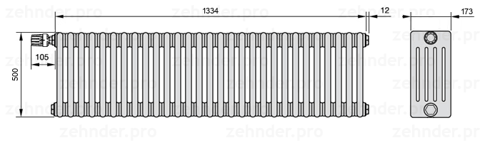 Схема (чертеж) Радиатор Zehnder Charleston 5050/29 №V012 Белый глянцевый RAL 9016